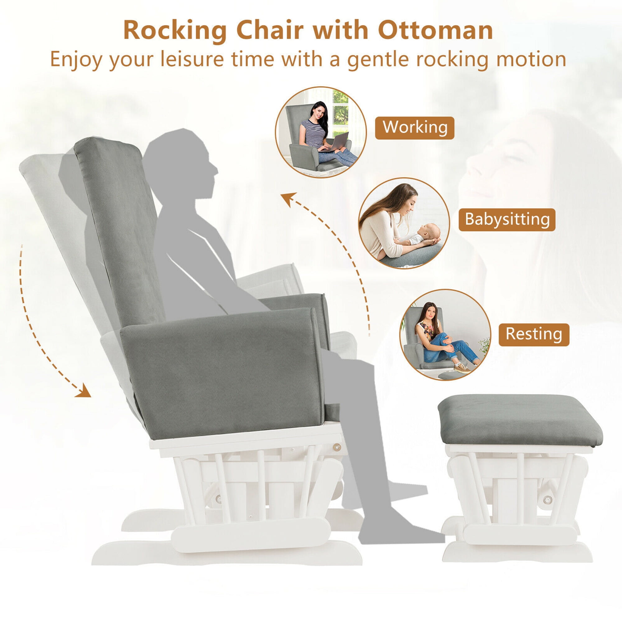 Gymax Glider and Ottoman Cushion Set Wooden Baby Nursery Rocking Chair Grey