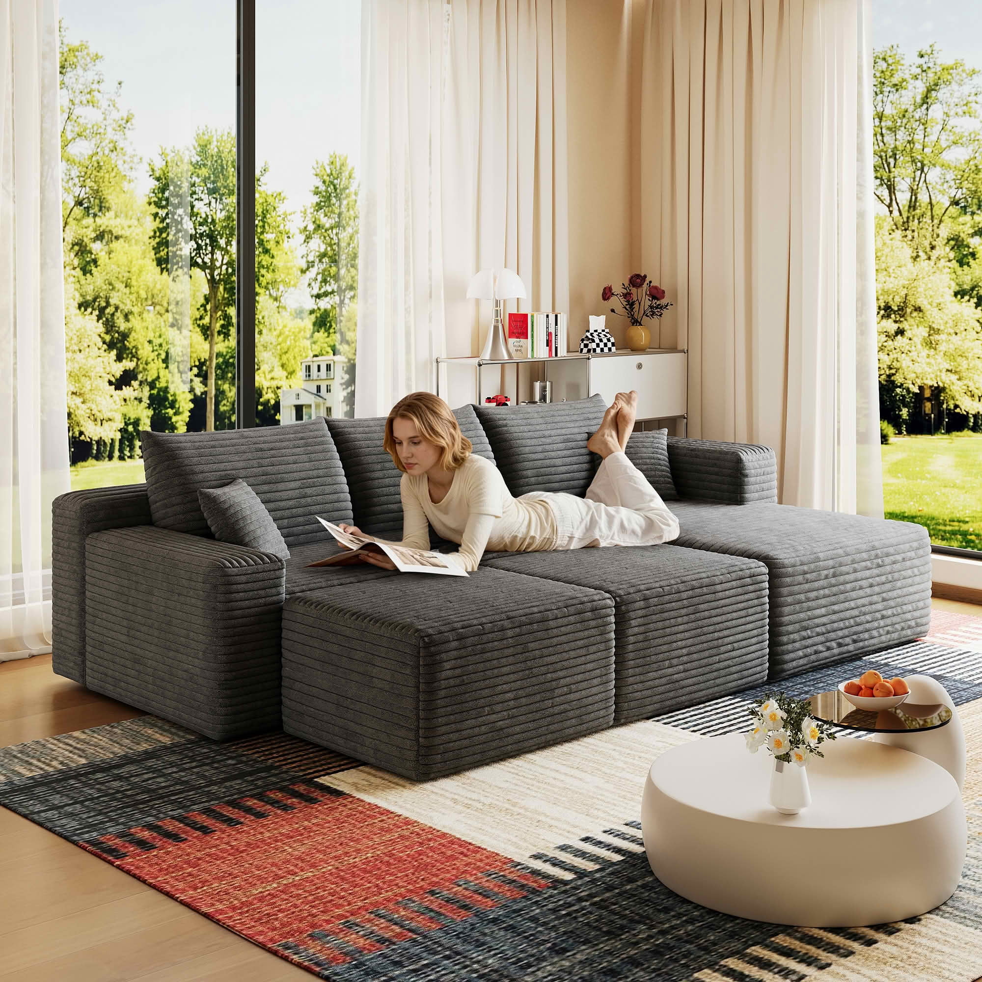 MAYEERTY 95" Corduroy U-Shaped Sectional Sofa with 2 Ottomans, Deep Seat Cloud Couch, No Assembly Leisure Sofa for Home