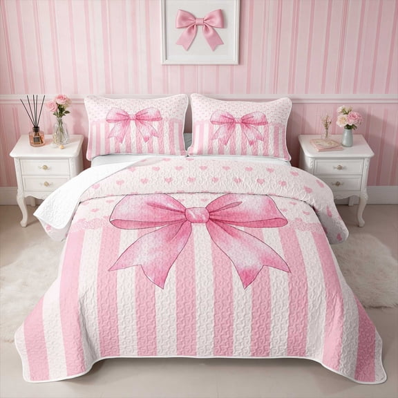 Erosebridal Trendy Satin Bow Ribbon Twin Quilt Set for Girls, Romantic Floral Print Twin Coverlet Set, 2 Pieces 1 Bedspread and 1 Pillowcase