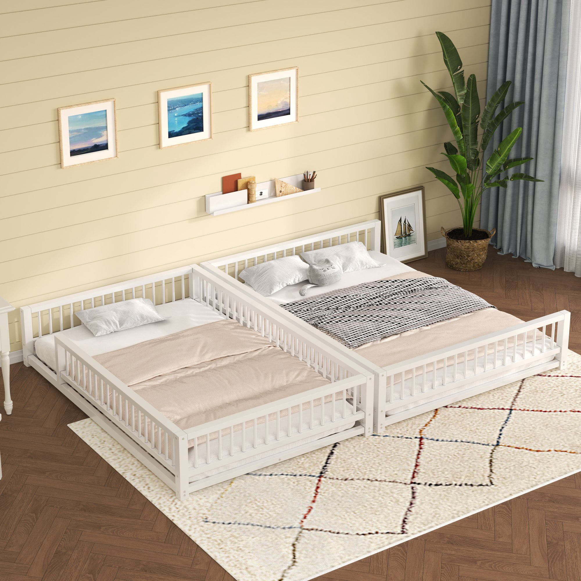 Full XL over Queen Floor Bunk Bed Frame with Ladder and Safety Guardrails, Easy Assemble, White