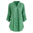 thumbnail image 3 of Aboser Ladies Button Down Blouses Plus Size Embroidery Lace Shirts for Women Dressy Casual Roll Up Sleeve Tunic Tops Loose Fit Band Collar Shirt Blouse Green L, 3 of 6