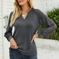 thumbnail image 2 of SWSMCLT Women's Tshirt Soft Elegant Lace Waffle Knit Shirt Cotton Notch V Neck Illusion Long Sleeve Fashion Patchwork Tee Dark Grey Medium, 2 of 4