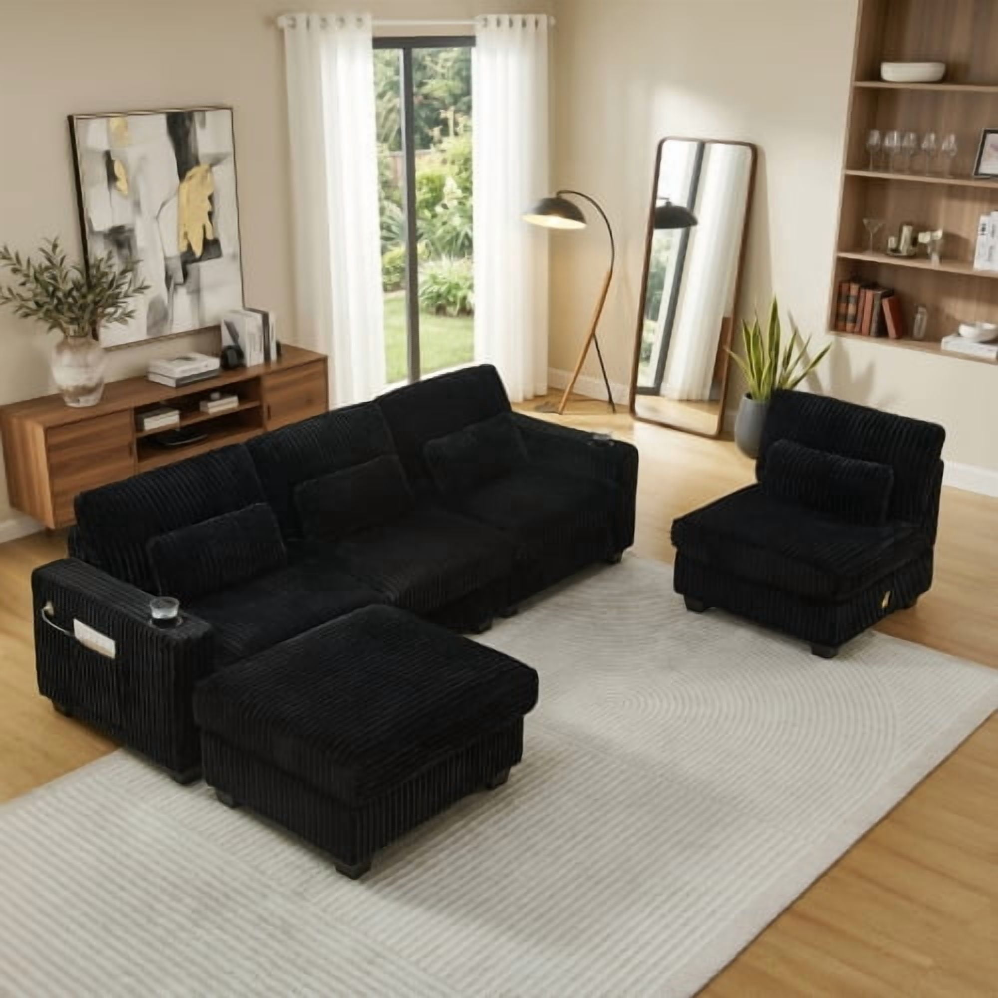 124.5" L-Shaped Corduroy Modular Sectional Sofa with Detachable Ottoman, Storage Armrests, Cup Holders & 4 Lumbar Pillows, Black