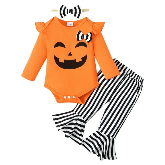 adviicd Outfit Baby Girl Baby Girl Clothes Ribbed Ruffled Romper Pants Outifts (Orange,9-12 Months)
