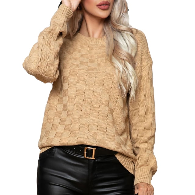 Weiqiqre Chandails pour Femmes, Chandail à Carreaux Uni à Col Rond pour Femmes, Mode Décontractée, Chandail à Manches Longues en Tricot, Rabais