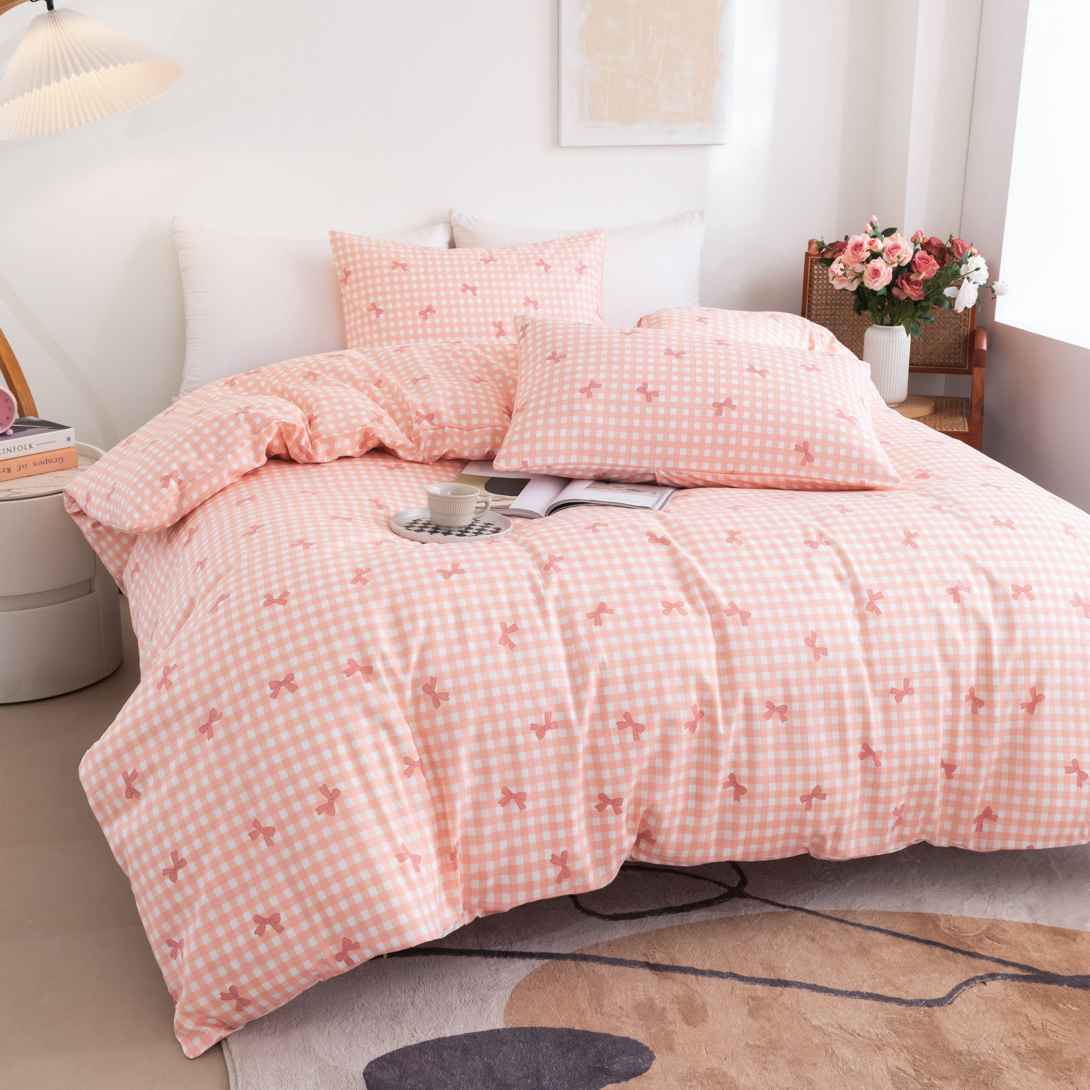 Twin Size Pink Plaid Bowknot Reversible Comforter Sets 3 Piece Kids Girls Grid Bows Soft Lightweight Microfiber Bedding Set with 2 Pillowcases