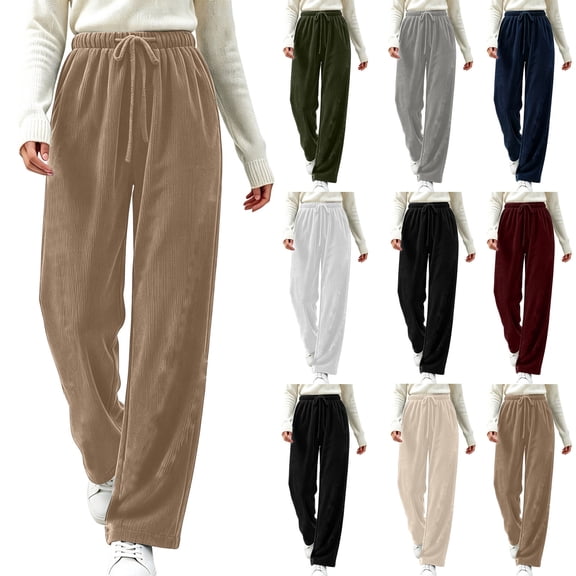 Horkkom Corduroy Pants Women Straight Leg Elastic Waist Drawstring Pants Adjustable Soft Comfy Pants with Pockets, S-2XL