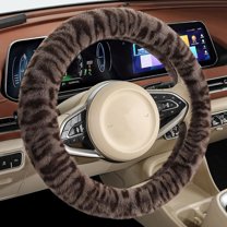 Leopard Print Car Steering Wheel Cover with Anti-Slip Rubber Ring Winter Warm Plush Auto Accessories Universal 15 Inch, O-Brown