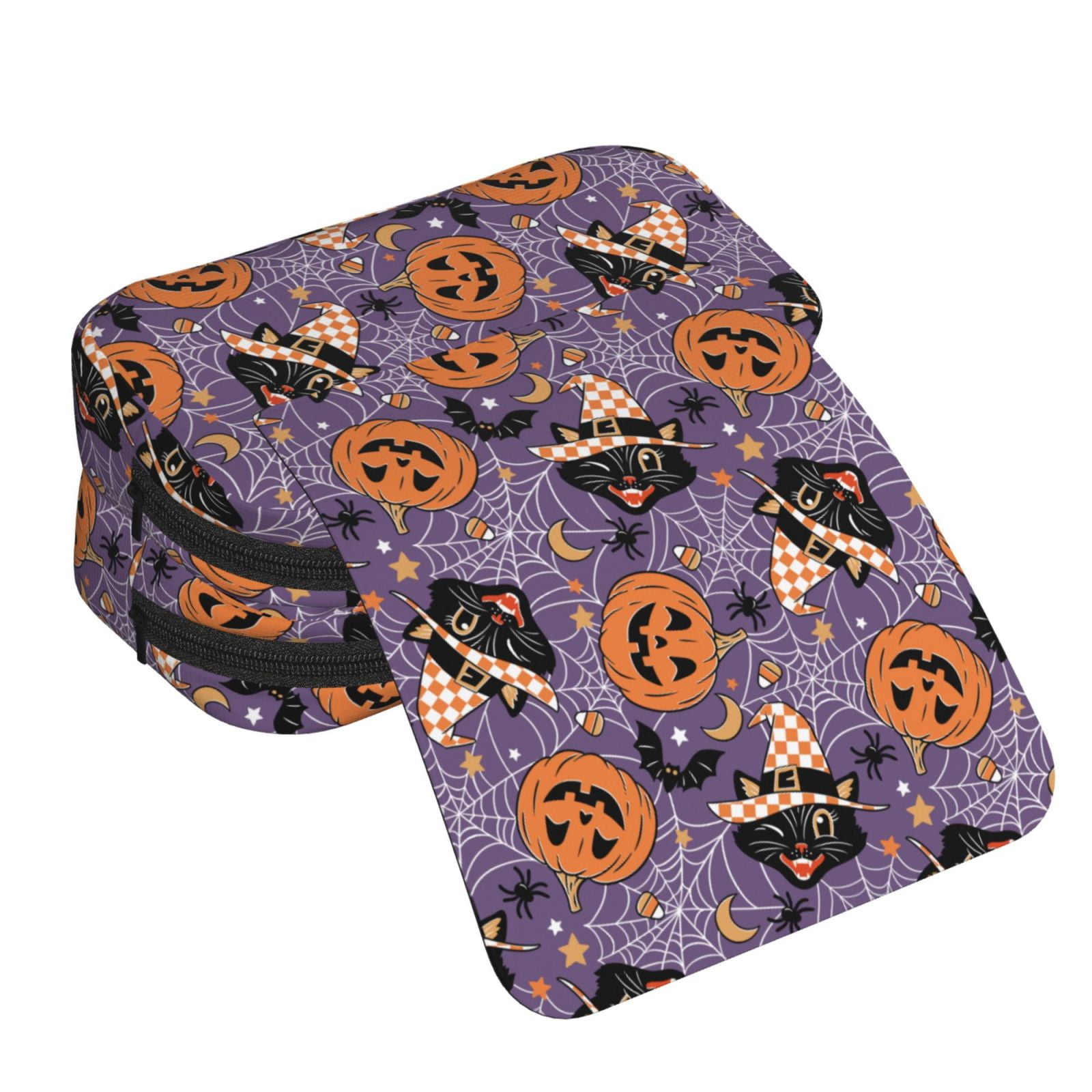 Rateoe Vintage Halloween Black Cat Pattern Double Clamshell Pen Case, Storage Organizer with Two Zipper Compartments– Holds Up to 50 Pencils & Pens