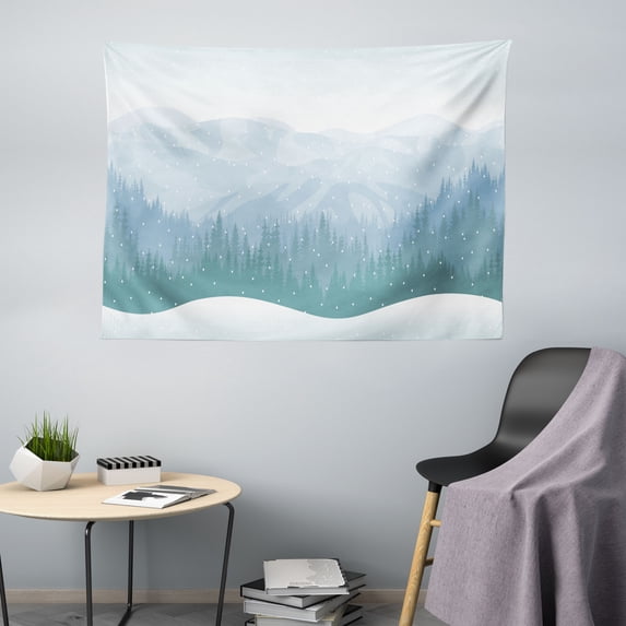 Blue Sky Tapestry, Continuous Wilderness Pine Trees Mountains Winter Time Snowflakes Theme, Fabric Wall Hanging Decor for Bedroom Living Room Dorm, 5 Sizes, Cadet Blue Pale Blue, by Ambesonne
