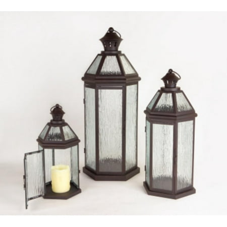 set of 3 brown metal glass pillar candle lanterns 15 set of 3 brown metal glass pillar candle lanterns 15