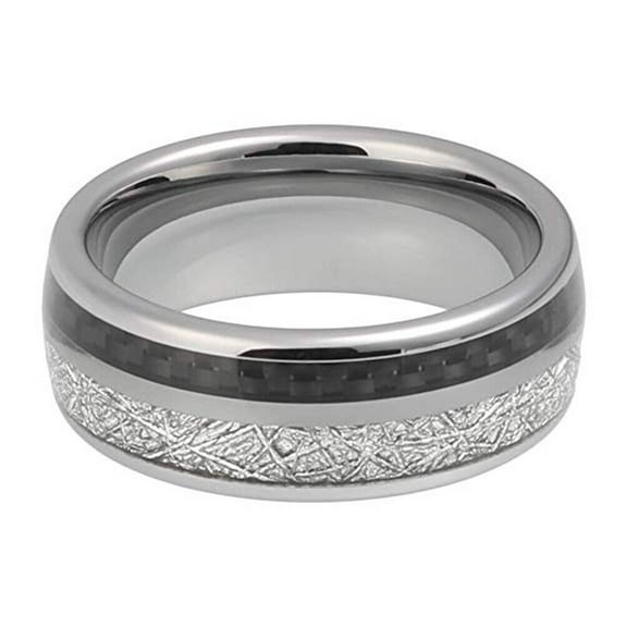 Wedding Ring Men Women 8mm Silver Tungsten Band Black Carbon & Meteorite