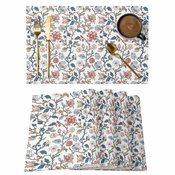 Retro Floral Placemats Set of 2, Vintage Flower Branch Non-Slip Place Mats Washable Table Mats for Kitchen Dining Table Decorations Indoor/Outdoor