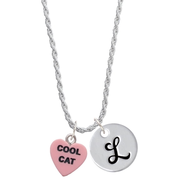 Delight Jewelry Acrylic Pink "Cool Cat / Purr Fect" Heart Silvertone Script Initial Disc - L - Charm Necklace, 20"+3"