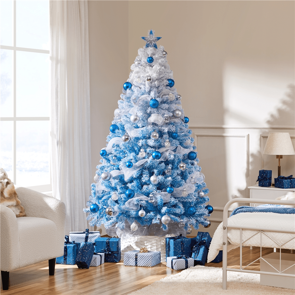 Renwick 6Ft Pre-lit Flocked Artificial Christmas Tree with 250 Incandescent Warm Lights, Lake Blue Gradient