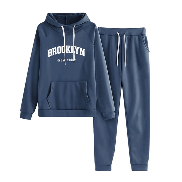 Gibobby Conjunto de sudadera para mujer Mujer Casual moda sudadera con capucha cintura elástica cordón manga larga pantalones traje(Azul,M)