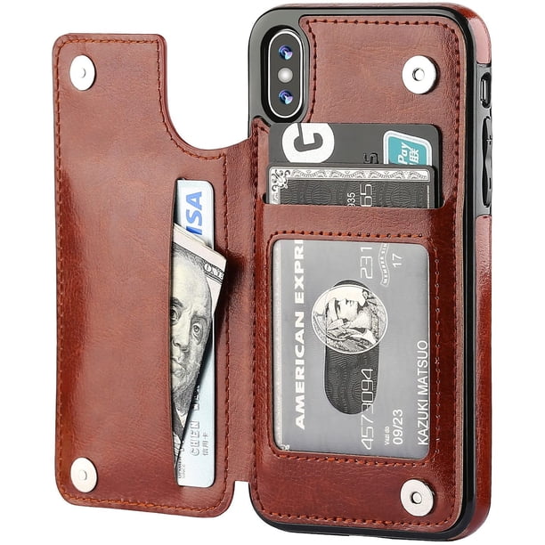 Funda tipo billetera para Iphone Xs Iphone X con portatarjetas, funda con ranuras para tarjetas con función atril de cuero de primera calidad, cierre magnético doble y cubierta duradera a prueba de go Namotu CZDZ-ZH48-3