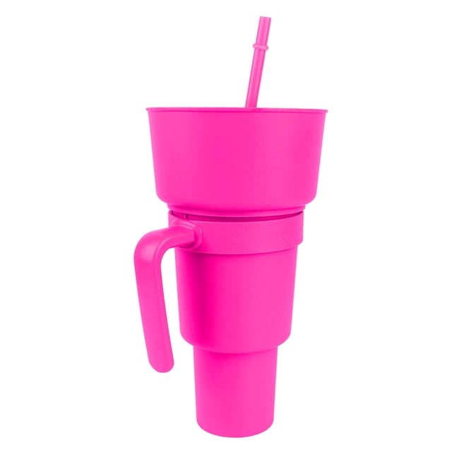 Vaso de plástico 2 en 1 con pajita y abertura grande, ideal para cine, casa, viajes, color rosa