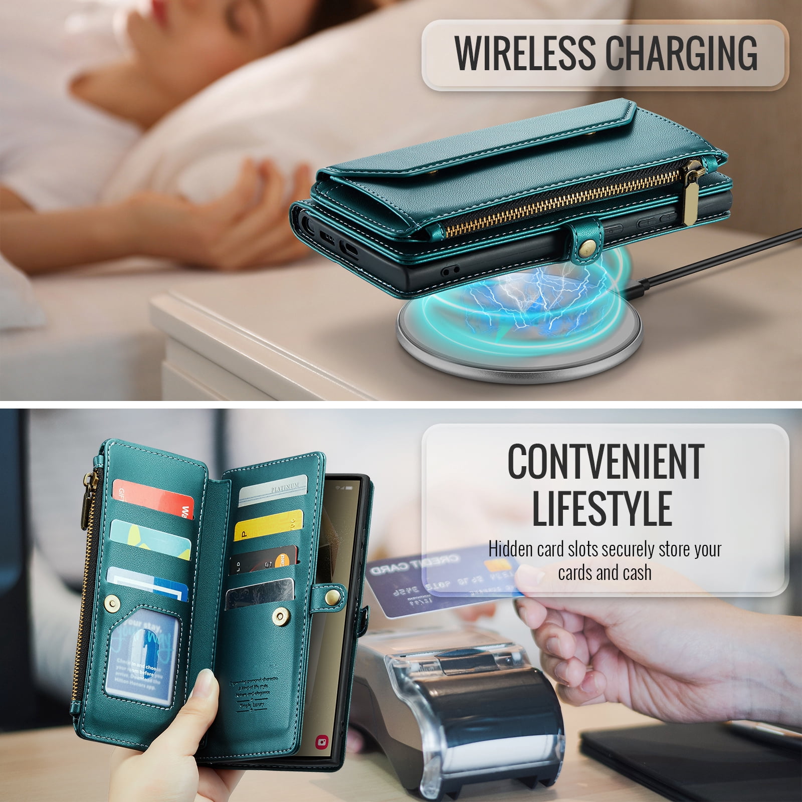 Compatible with Samsung Galaxy S24 Ultra 5G Zipper Wallet Phone Case Tempered Glass Screen Protector Crossbody Lanyard Strap Flip Card Holder Slot Cell Cover for S24Ultra 24S S 24 24Ultra Women Green