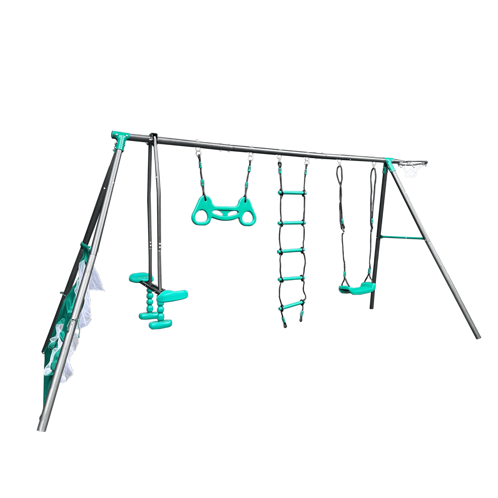 Interesting 4 in 1 Swingset with Net Swing and Face to Face Metal Plastic Safe Swing Seat,Heavy Duty Rustproof A-Frame Metal Outdoor Swing Set for Backyard,550lbs