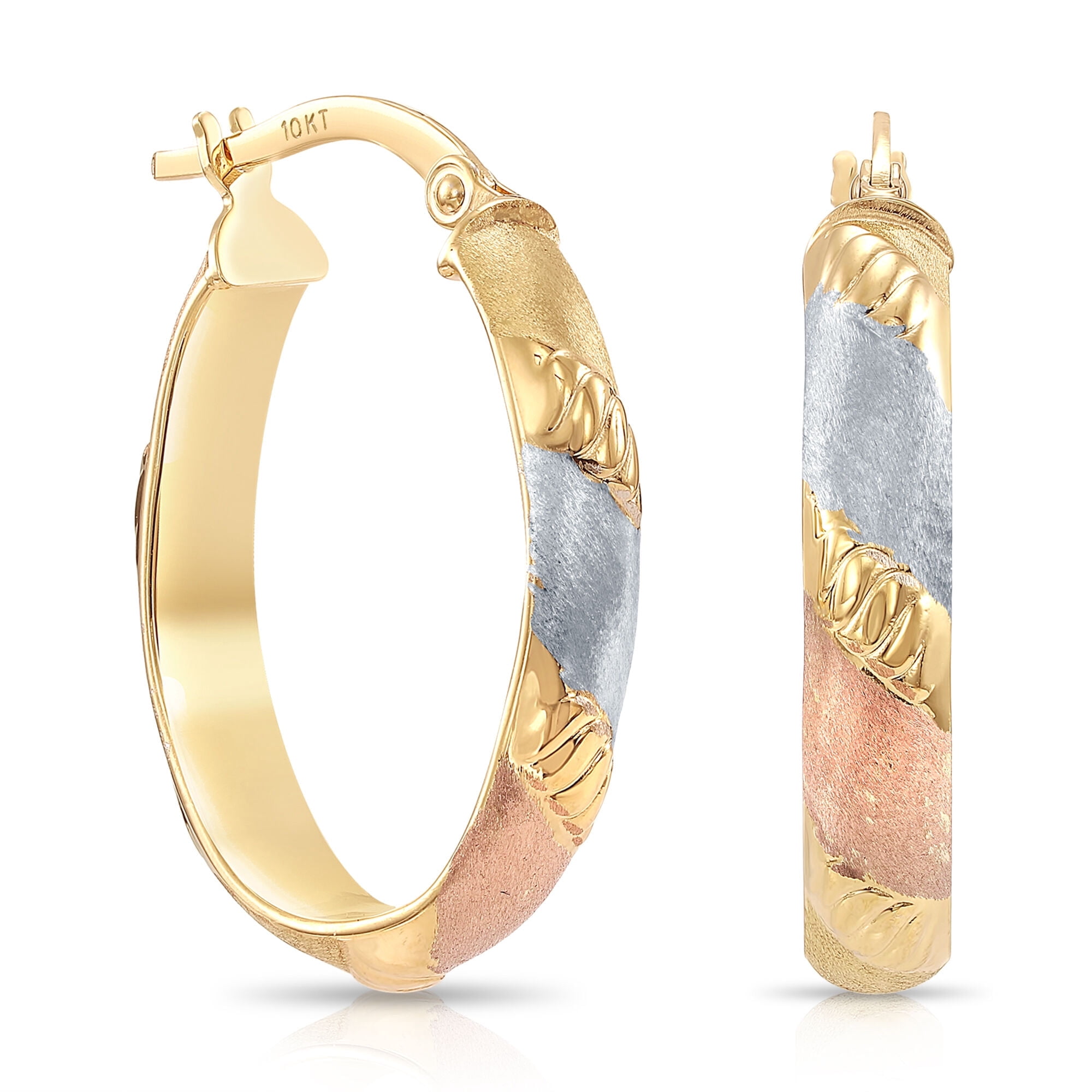 Tilo Jewelry 10K Tri-Color Gold Oval Chunky Italian Hoop Earrings with Diamond-Cut Engraving for Women & Unisex | 20mm