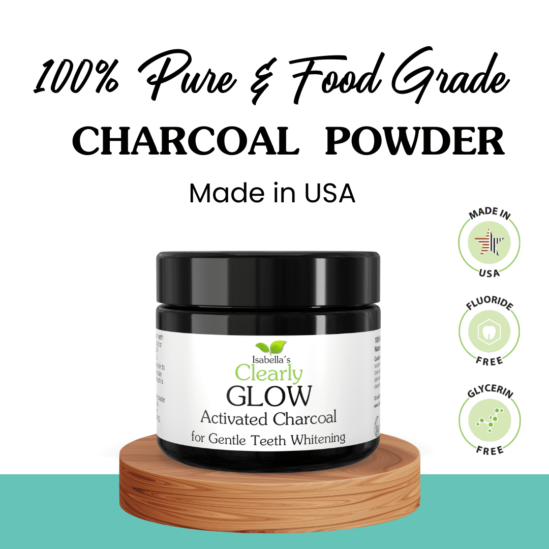 Isabella's Clearly GLOW Teeth Whitening Activated Charcoal Powder Set with Bamboo Toothbrush and Copper Tongue Scraper