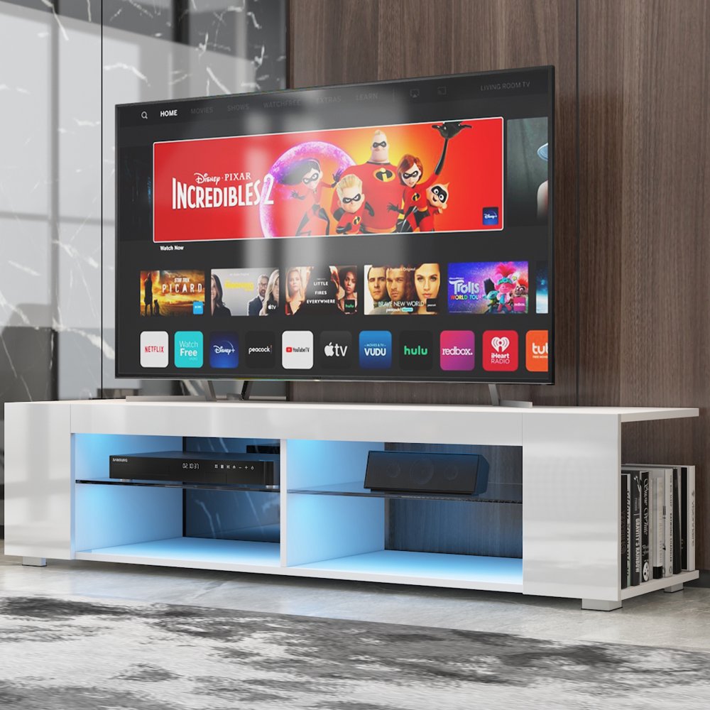 White TV Stand for 65 Inch TV, Entertainment Center with Remote LED