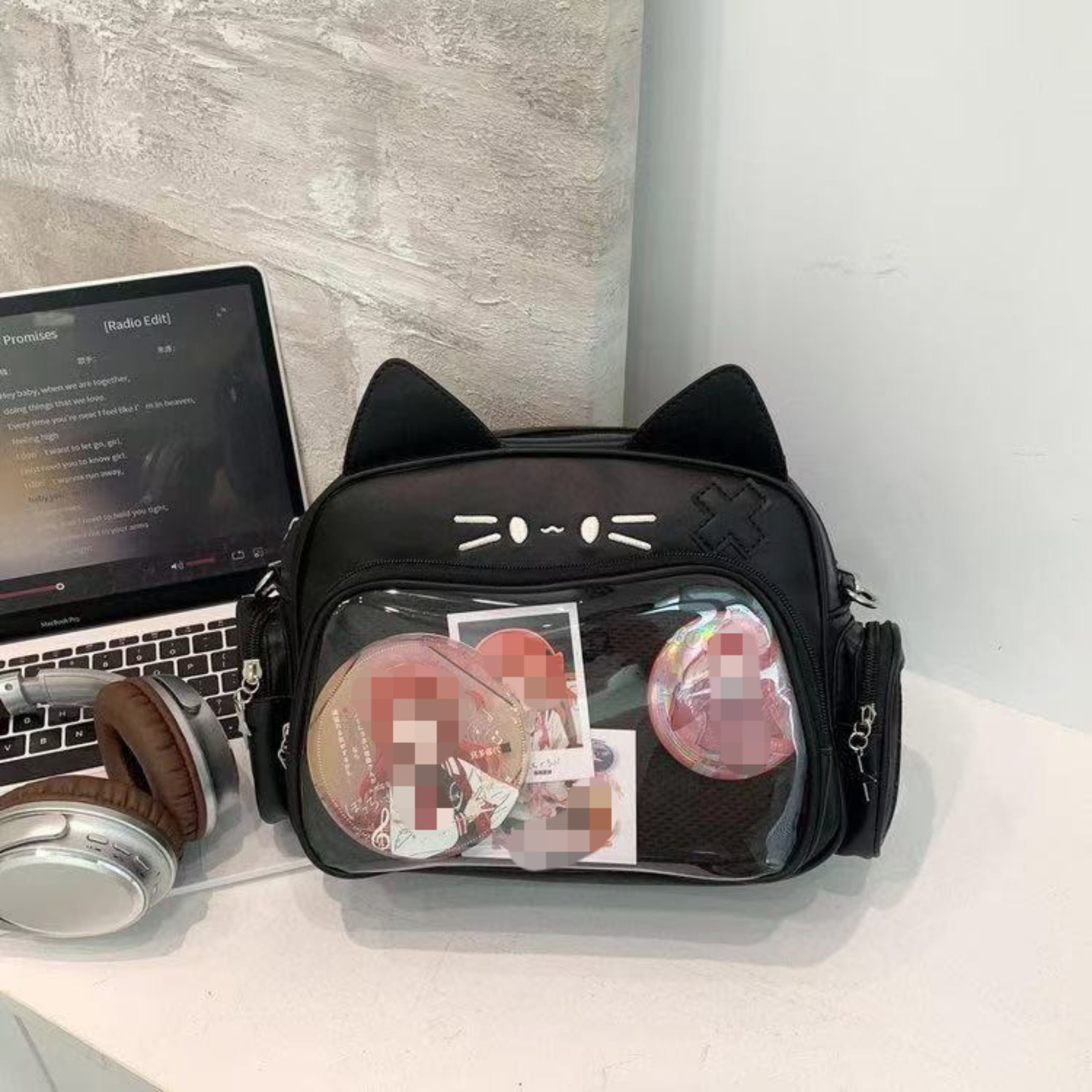 Cat Ita Bag with Clear Pin Window, Cute Anime Backpack, Pin Display Backpack, Kawaii Japanese PU Leather Y2k Aesthetic Shoulder Crossbody Bag