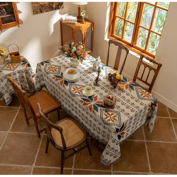 YOHAVEN Bohemian Cotton Yarn Tassel Tablecloth, Multifunctional Double Sided Outdoor Indoor Dining Picnic Mat, Geometric Pattern Decorative Cover for Living Room Patio Party Celebration