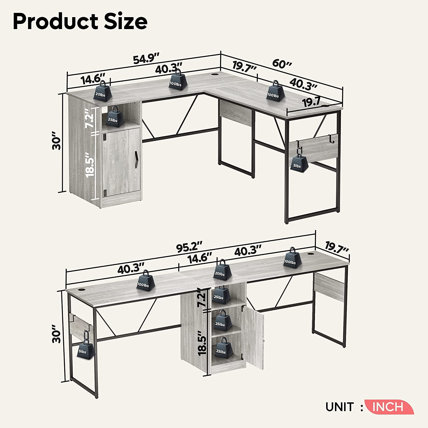Bestier Reversible 60" L Shaped Computer Desk with Storage Cabinet Long Desk for 2 Person Wash White