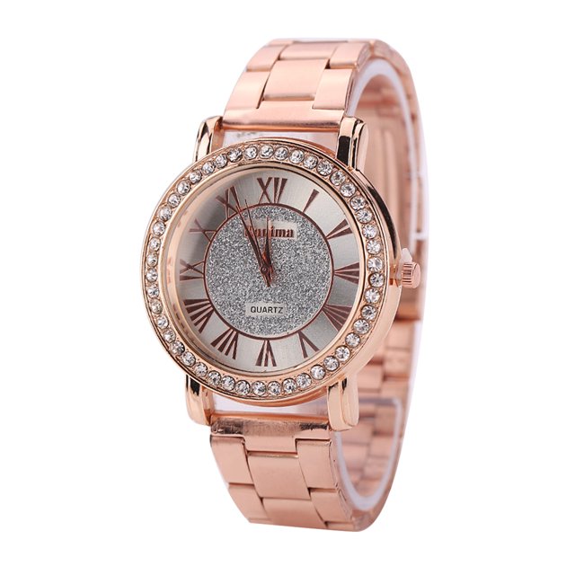 Reloj de pulsera de aleación con diamantes de imitación de cuarzo para hombres y mujeres de moda informal (champán)