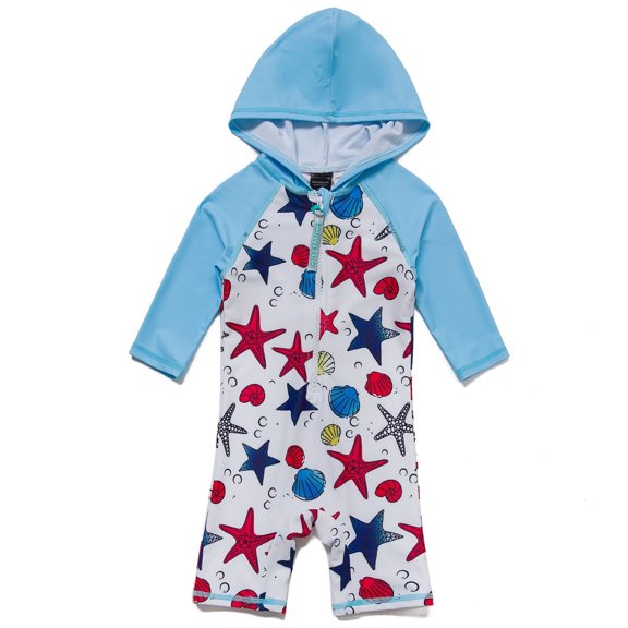 BONVERANO Baby Boys Swimsuit UPF 50  Sun Protection, Zip Front Hoodie Long Sleeve One Piece Swimwear, Toddler Bathing Suit（blue Starfish 24-36months）