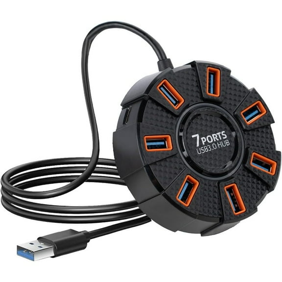 7-Port USB 3.0 Hub with Power/Data Ports, USB Splitter with 1.2m Cable, Multi-Port Adapter Extender for Desktop, Laptop, PC, PS5, Car System, Flash Drive, Hard Drive, Mouse, Keyboard, and More