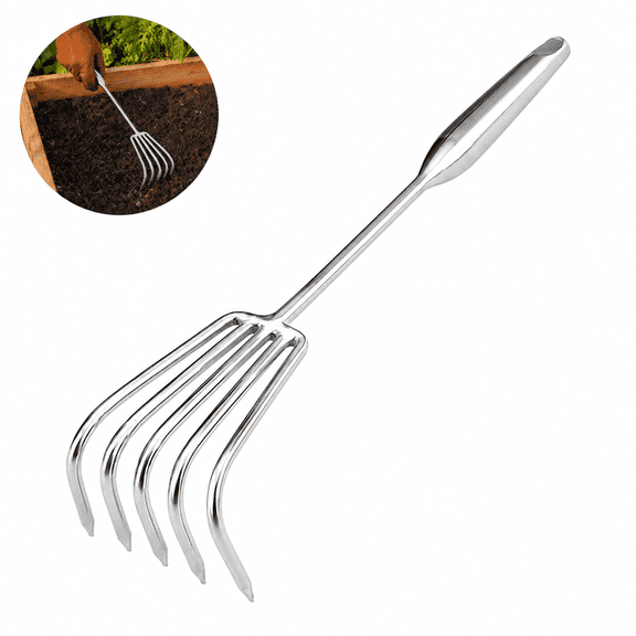 Stainless Steel Hand Rake – 5-Tine Small Garden Rake for Soil Tilling, Leaf Raking & Flower Bed Care – Multifunctional Yard Tool