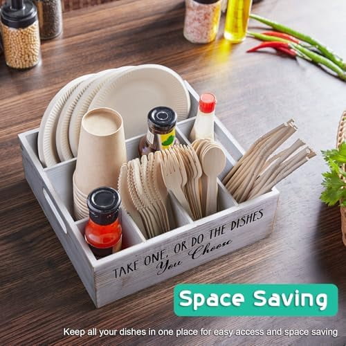 Rustic White Plate and Utensil Caddy, 6-Compartment Paper Plate and Cutlery Holder with Handles, Kitchen and Party Organizer for BBQs, Picnics, and Gatherings