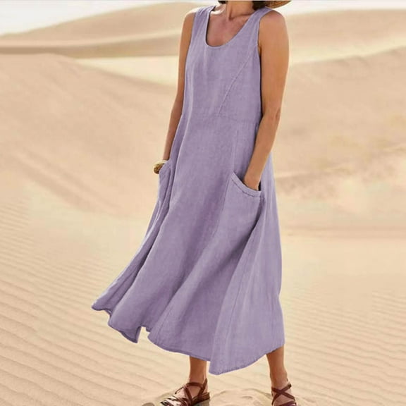 Idoravan Womens Casual Dresses Women's Summer Fashion Casual Solid Color Sleeveless Cotton Linen Long Dress