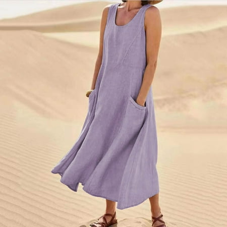

Jsaierl Cotton Linen Dresses Women Casual Summer Sleeveless Maxi Dress Elegant Solid Color Round Neck Dress Bohemian Flowy Dresses 2023