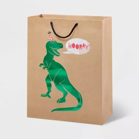 Medium Gift Bag Birthday T-Rex Hooray: Dinosaur Party Bag, Multicolor, 12.75" x 10" x 5"