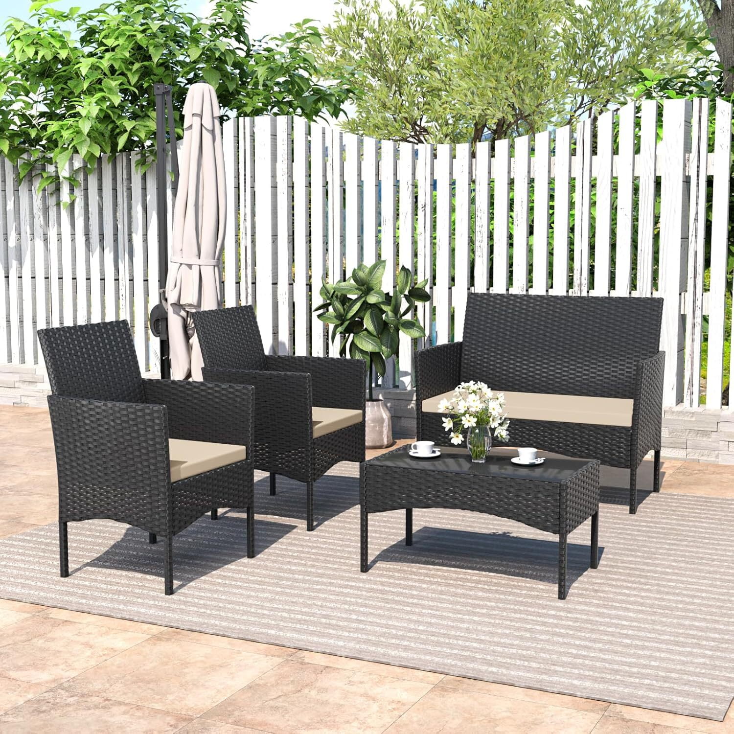 ASJMR 4 Pieces Outdoor Patio Furniture Sets Conversation Sets Rattan Chair Wicker Sets with Cushions & Tempered Glass Table for Patio Pool Backyard,Brown