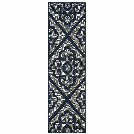 HomeRoots 2' X 8' Blue and Ivory Geometric Stain Resistant Indoor Outdoor Area Rug