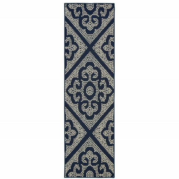 HomeRoots 2' X 8' Blue and Ivory Geometric Stain Resistant Indoor Outdoor Area Rug