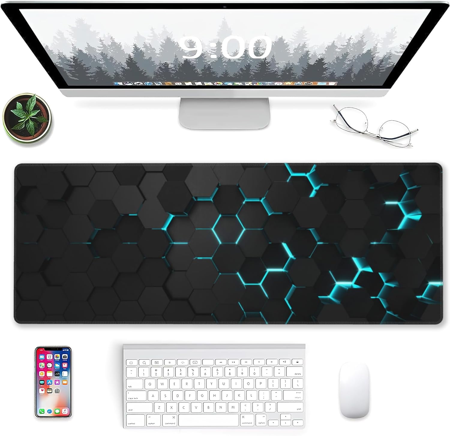 Gaming Mouse Pad, Blue Honeycomb Science Technology Extended Mouse Pad Gaming Large,Big Desk Mat with Non-Slip Base and Stitched Edge,Long Computer Keyboard Mouse Mat for Home Office Work 31.5"x11.8"