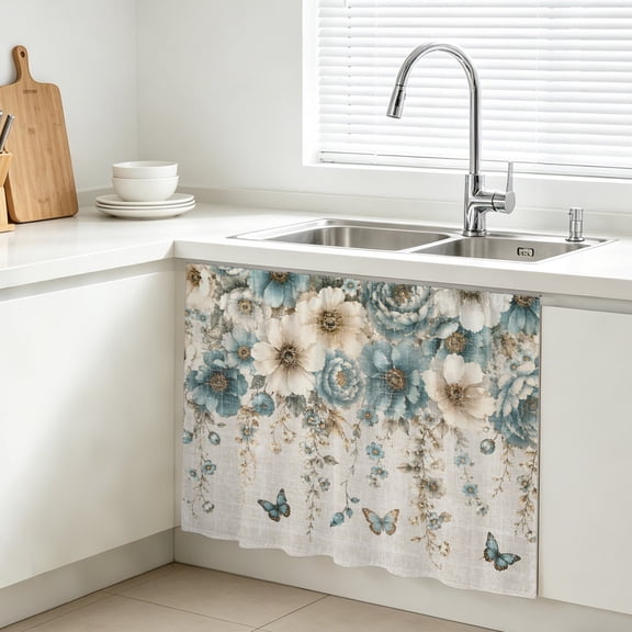 Rose Peony Cabinet Curtains for Kitchen 10"W x 11"L, Rustic Aqua Beige Flower Vines Butterfly Linen Texture Under Sink Skirt Magic Tape Short Curtain Decorative Privacy Panel for Bathroom Laundry