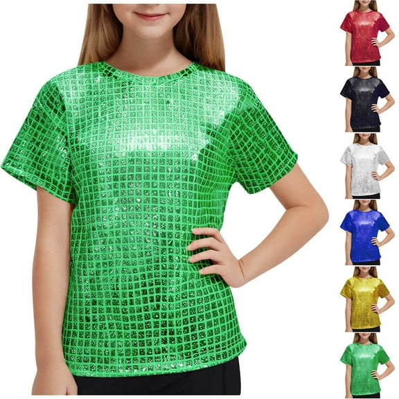 Bovxnpu Kids Summer Tops, Toddler Girls Casual T Shirt, Children's Performance Outfit Sequin Short Sleeved T-shirt Round Neck Elastic Top 4 Years
