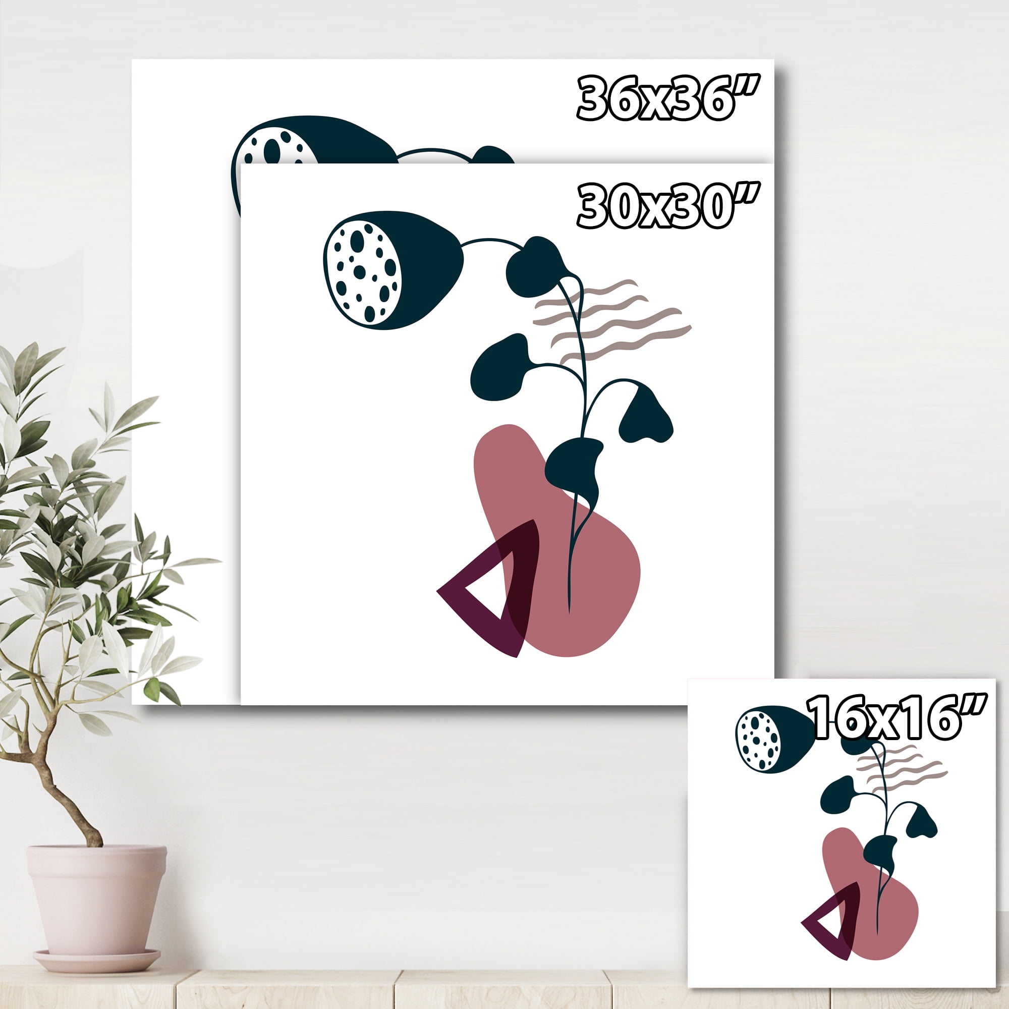Abstract Flowers Plants With Elementary Shapes V 36 in x 36 in Painting Canvas Art Print, by Designart