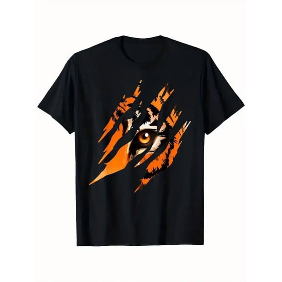 Men'S Tiger Eye Graphic T-Shirt | 100%, Black with Vibrant Orange & White Tiger Print, Crew Neck, Short Sleeve, Perfect for All Seasons and Casual Occasions