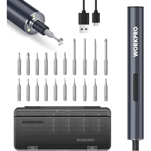 WORKPRO Mini Electric Screwdriver, 20 in 1 Electric Precision Screwdriver with Magnetizer and S2 Steel Bits, Max 4.0V Magnetic Rechargeable Cordless Screwdriver Kit for Phone, Camera, Laptop