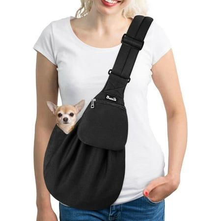 Pet Sling  Hand Free Dog Sling Carrier Adjustable Padded Strap Tote Bag  Shoulder Bag with Front Pocket Safety Belt Carrying Small Dog Cat Puppy Machine Washable (Black-WY S)
