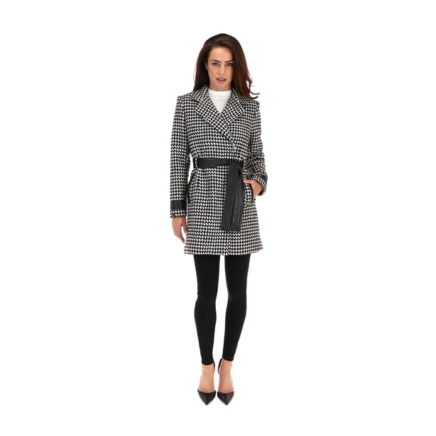 Abrigo Largo con Print Pata de Gallo Corte Cruzado y Solapa Shyla T75099/Contemporáneo/Abrigo