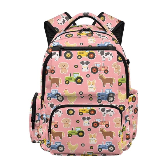 Pzuqiu Pink Farm Animal Print Backpack for Kids 17 Inch Padded Breathable Straps Multi Pockets Lightweight Casual School Bag for Preschool Primary Students Boys Girls Daily Use